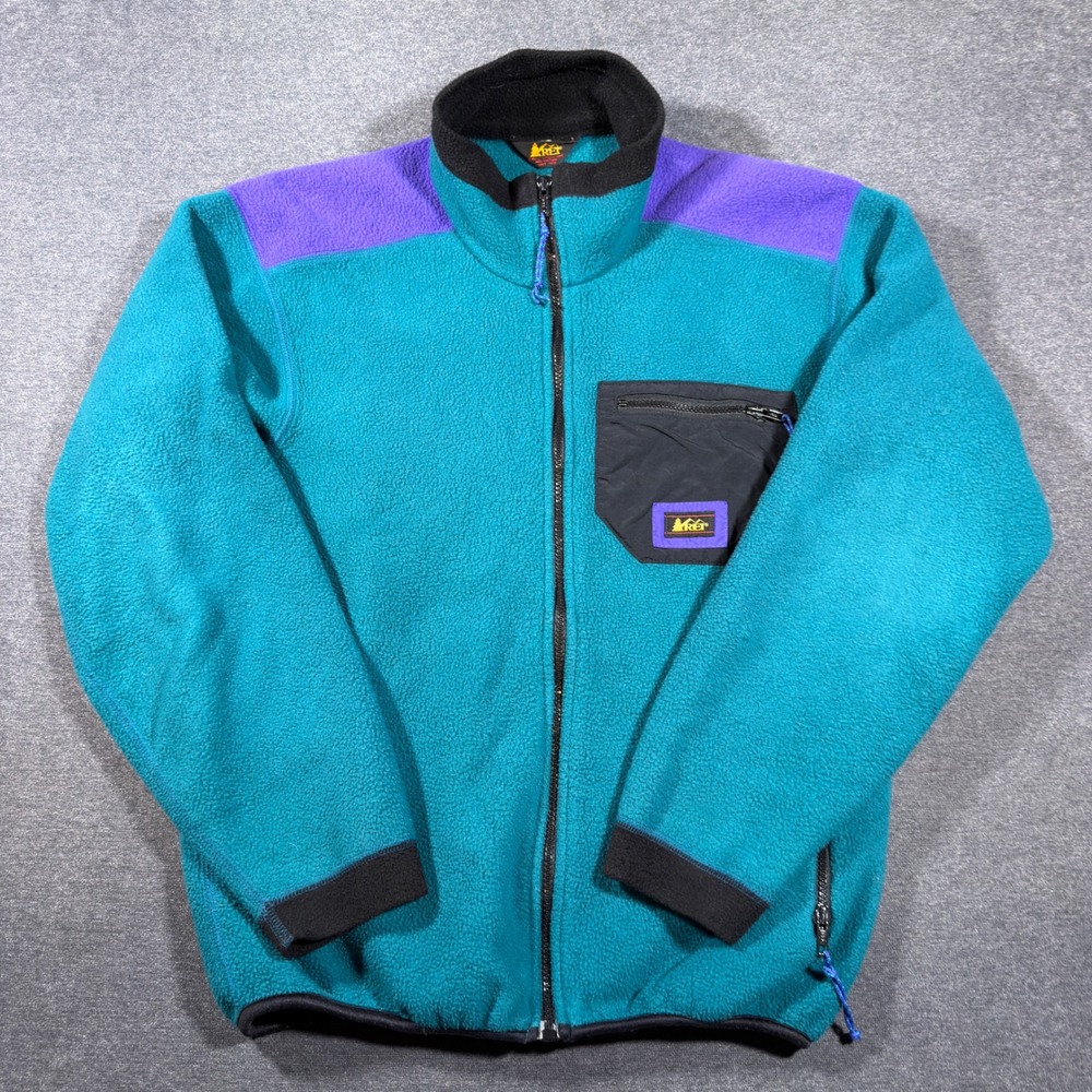 REI Fleece Jacket Mens Large Teal Blue Purple Vintage Full Zip Mock Neck 80's